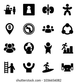 Solid vector icon set - passport control vector, female wc, kidneys, gymnastics, dollar pin, no left turn road sign, group, social, man globe, success, career, opportunity, surfing, sharpening