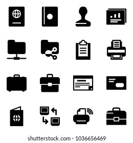 Solid vector icon set - passport vector, stamp, statistics report, network folder, shared, clipboard, printer, case, portfolio, schedule, envelope, data exchange, wireless
