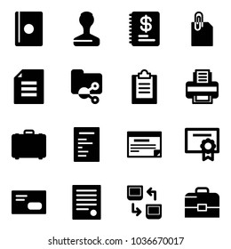 Solid vector icon set - passport vector, stamp, annual report, attachment, document, shared folder, clipboard, printer, case, schedule, certificate, envelope, agreement, data exchange