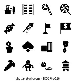 Solid vector icon set - passport control vector, plane seats, lollipop, candy, firework rocket, flag, dollar, flower pot, download cloud, building, piston, screw, robot, constructor blocks