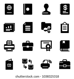 Solid vector icon set - passport vector, stamp, annual report, statistics, document, shared folder, clipboard, printer, portfolio, certificate, book, data exchange, wireless, case