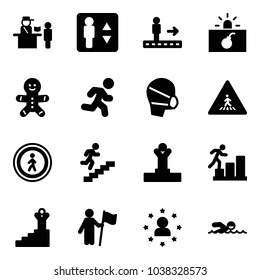 Solid vector icon set - passport control vector, elevator, travolator, terrorism, cake man, run, medical mask, pedestrian road sign, no, career, winner, success, win, star, swimming