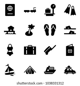Solid vector icon set - passport vector, baggage truck, scales, flippers, bungalow, palm, flip flops, swimsuit, suitcase, sail boat, tent, cruiser, car