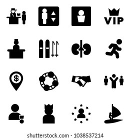 Solid vector icon set - passport control vector, elevator, male wc, vip, recieptionist, ski, kidneys, run, dollar pin, friends, agreement, team leader, winner, king, star man, windsurfing