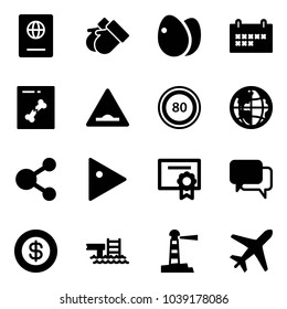 Solid vector icon set - passport vector, gloves, eggs, schedule, x ray, artificial unevenness road sign, speed limit 80, globe, share, play, certificate, dialog, dollar, pool, lighthouse, plane