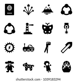 Solid vector icon set - passport vector, firework, mountains, social, community, lighthouse, butterfly, laser, sun power, moon rover, plumber, tile drill, doll, toy horse, russian