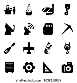 Solid vector icon set - passport control vector, round flask, diving, piston, satellite antenna, micro flash card, axe, chisel, milling cutter, winch, tool cabinet, gear, corner ruler, camera