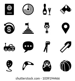 Solid vector icon set - passport vector, radar, wine, dog, money back, pyramid flag, laser, navigation pin, moon rover, chat, plumber, tile drill, balloon smile, boomerang, russian doll, basketball
