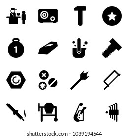 Solid vector icon set - passport control vector, safe, work, star medal, gold, casting of steel, bolt, nut, rivet, wood drill, metal hacksaw, soldering iron, cocncrete mixer, winch, allen key set