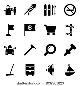 Solid vector icon set - passport control vector, firework rocket, ski, no smoking sign, flag, dollar, cart, bezier, robot, mason hammer, magnifier, nail dowel, rake, tool cabinet, allen key set