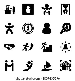 Solid vector icon set - passport control vector, male wc, baby, pull ups, gymnastics, no pedestrian road sign, user, head hunter, agreement, career, star man, flying, windsurfing