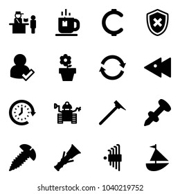 Solid vector icon set - passport control vector, tea, cent, shield cross, user check, flower pot, refresh, fast backward, clock around, robot, mason hammer, nail dowel, screw, allen key set