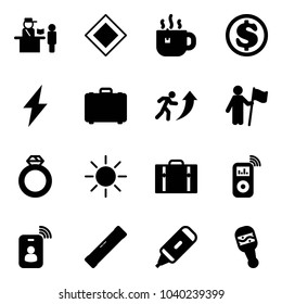 Solid vector icon set - passport control vector, main road sign, hot tea, dollar, lightning, case, career, win, diamond ring, sun, suitcase, music player, identity card, level, marker, beanbag