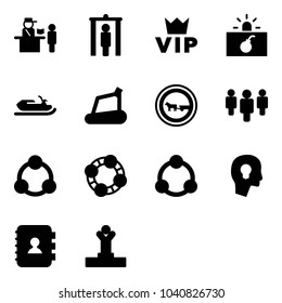 Solid vector icon set - passport control vector, metal detector gate, vip, terrorism, snowmobile, treadmill, no cart horse road sign, group, social, friends, community, head bulb, contact book