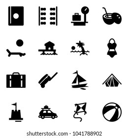 Solid vector icon set - passport vector, plane seats, baggage scales, coconut cocktail, lounger, bungalow, palm, swimsuit, suitcase, sail boat, tent, sand castle, car, kite, beach ball