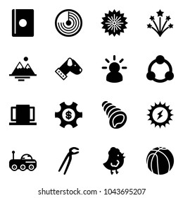 Solid vector icon set - passport vector, radar, firework, mountains, dog, idea, community, doors, money managemet, shell, sun power, moon rover, plumber, chicken toy, basketball