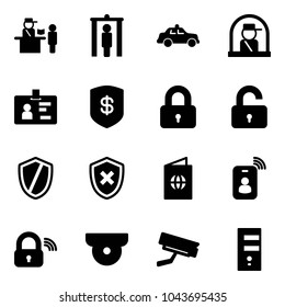 Solid vector icon set - passport control vector, metal detector gate, safety car, officer window, identity, safe, locked, unlocked, shield, cross, card, wireless lock, surveillance camera, server