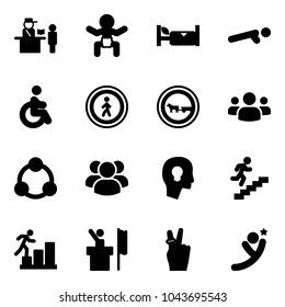Solid vector icon set - passport control vector, baby, hotel, push ups, disabled, no pedestrian road sign, cart horse, group, social, head bulb, career, speaker, victory, flying man