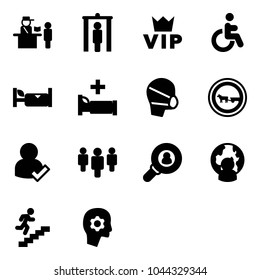 Solid vector icon set - passport control vector, metal detector gate, vip, disabled, hotel, hospital bed, medical mask, no cart horse road sign, user check, group, head hunter, man globe, career