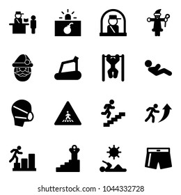 Solid vector icon set - passport control vector, terrorism, officer window, santa claus, treadmill, pull ups, abdominal muscles, medical mask, pedestrian road sign, career, success, reading