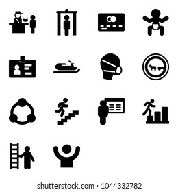 Solid vector icon set - passport control vector, metal detector gate, credit card, baby, identity, snowmobile, medical mask, no cart horse road sign, community, career, presentation, opportunity