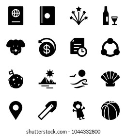 Solid vector icon set - passport vector, firework, wine, dog, money back, history, community, moon flag, pyramid, waves, shell, navigation pin, tile drill, doll, basketball