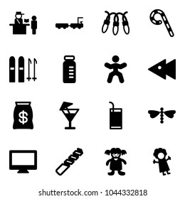 Solid vector icon set - passport control vector, baggage truck, garland, lollipop, ski, vial, gymnastics, fast backward, money bag, drink, dragonfly, monitor, drill, doll