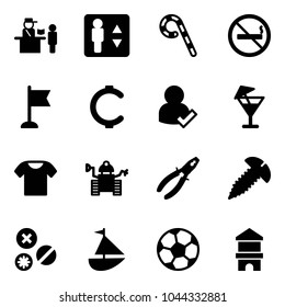 Solid vector icon set - passport control vector, elevator, lollipop, no smoking sign, flag, cent, user check, drink, t shirt, robot, pliers, screw, rivet, sailboat toy, soccer ball, block house