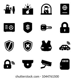 Solid vector icon set - passport control vector, terrorism, officer window, safe, key, locked, shield, cross, life vest, car wireless, lock, surveillance camera, micro flash card