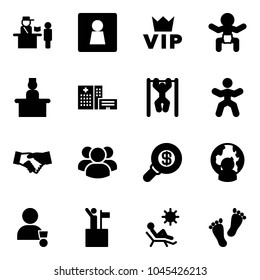 Solid vector icon set - passport control vector, female wc, vip, baby, recieptionist, hospital building, pull ups, gymnastics, agreement, group, search money, man globe, winner, win, beach, feet