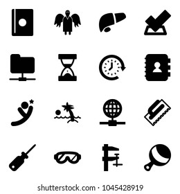 Solid vector icon set - passport vector, angel, liver, check, network folder, sand clock, around, contact book, flying man, palm, globe, trowel, screwdriver, protective glasses, clamp, beanbag