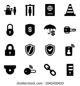 Solid vector icon set - passport control vector, metal detector gate, road cone, lock, safe, key, locked, shield, check, identity card, surveillance camera, wireless, link, server