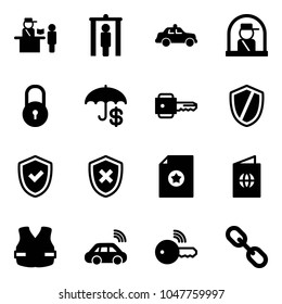 Solid vector icon set - passport control vector, metal detector gate, safety car, officer window, lock, key, shield, check, cross, certificate, life vest, wireless, link