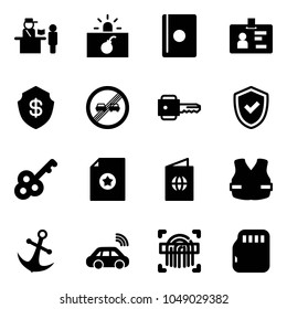 Solid vector icon set - passport control vector, terrorism, identity, safe, end overtake limit road sign, key, shield check, certificate, life vest, anchor, car wireless, fingerprint scanner