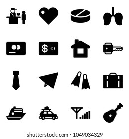 Solid vector icon set - passport control vector, heart, pill, lungs, credit card, home, key, tie, paper fly, flippers, suitcase, cruiser, car baggage, fine signal, guitar