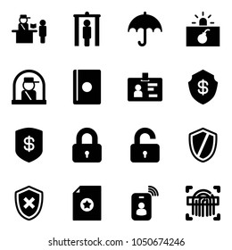 Solid vector icon set - passport control vector, metal detector gate, insurance, terrorism, officer window, identity, safe, locked, unlocked, shield, cross, certificate, card, fingerprint scanner