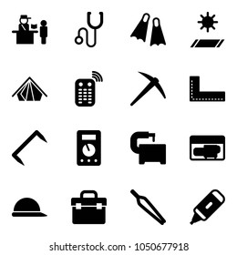 Solid vector icon set - passport control vector, stethoscope, flippers, mat, tent, remote, axe, corner ruler, staple, multimeter, machine tool, generator, construction helmet, box, forceps, marker