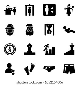 Solid vector icon set - passport control vector, metal detector gate, elevator, santa claus, pull ups, abdominal muscles, no pedestrian road sign, winner, career, success, feet, swimsuit