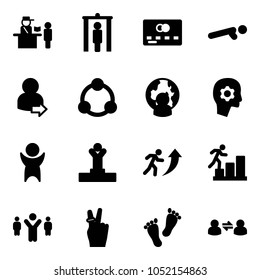 Solid vector icon set - passport control vector, metal detector gate, credit card, push ups, user login, community, man globe, brain work, success, winner, career, team leader, victory, feet