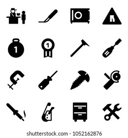 Solid vector icon set - passport control vector, scalpel, safe, Road narrows sign, gold medal, mason hammer, chisel, clamp, screwdriver, screw, Angular grinder, soldering iron, winch, tool cabinet