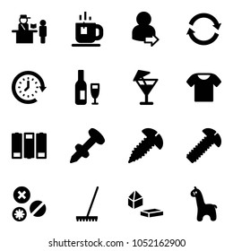 Solid vector icon set - passport control vector, tea, user login, refresh, clock around, wine, drink, t shirt, battery, nail dowel, screw, rivet, rake, constructor blocks, toy giraffe