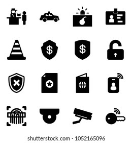 Solid vector icon set - passport control vector, safety car, terrorism, identity, road cone, safe, unlocked, shield cross, certificate, card, fingerprint scanner, surveillance camera, wireless key