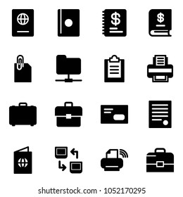 Solid vector icon set - passport vector, annual report, attachment, network folder, clipboard, printer, case, portfolio, envelope, agreement, data exchange, wireless