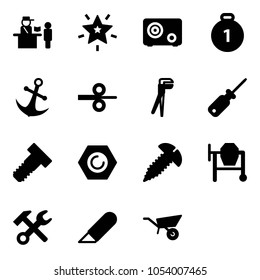 Solid vector icon set - passport control vector, christmas star, safe, gold medal, anchor, steel rolling, plumber, screwdriver, bolt, nut, screw, cocncrete mixer, wrench hammer, work knife