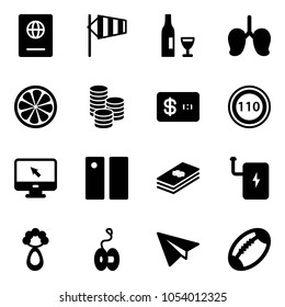 Solid vector icon set - passport vector, side wind, wine, lungs, lemon slice, coin, credit card, speed limit 110 road sign, monitor cursor, pause, dollar, power bank, beanbag, yoyo, paper plane