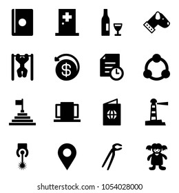 Solid vector icon set - passport vector, first aid room, wine, dog, pull ups, money back, history, community, pyramid flag, doors, lighthouse, laser, navigation pin, plumber, doll