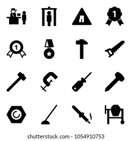 Solid vector icon set - passport control vector, metal detector gate, Road narrows sign, gold medal, star, hammer, saw, sledgehammer, clamp, screwdriver, nail, nut, hoe, soldering iron