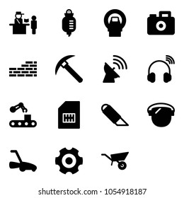 Solid vector icon set - passport control vector, drop counter, mri, camera, brick wall, rock axe, satellite antenna, wireless headphones, conveyor, sim, work knife, protect glass, lawn mower, gear