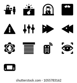 Solid vector icon set - passport control vector, terrorism, officer window, floor scales, traffic light road sign, settings, fast forward, backward, gear globe, jalousie, remote, eye scanner