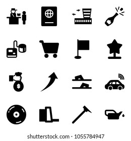 Solid vector icon set - passport control vector, airport building, champagne, tonometer, cart, flag, rich, growth, flip flops, car wireless, cd, water power plant, mason hammer, oiler